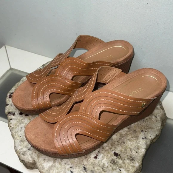 VIONIC MALORIE Raffia Natural Tan Leather Open Toe Slip On Wedge Sandals Sz 9.5 - Picture 14 of 16